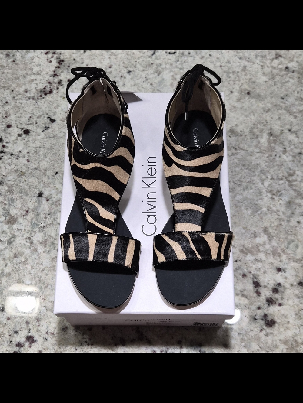 Calvin Klein Searra Zebra Haircalf Flat Sandals Lace Up Gladiator Natural Black